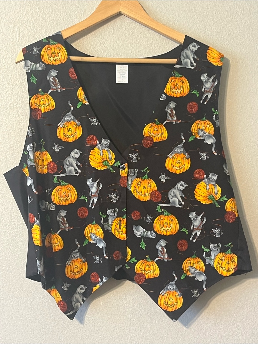 Vintage 90s Halloween Vest size 1X 100% cotton pumpkin kitten cat sewing yarn